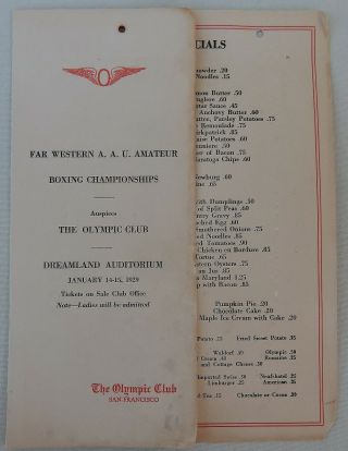 1929 A.  A.  U.  Amateur Boxing Championships Olympic Club San Francisco Dinner Menu