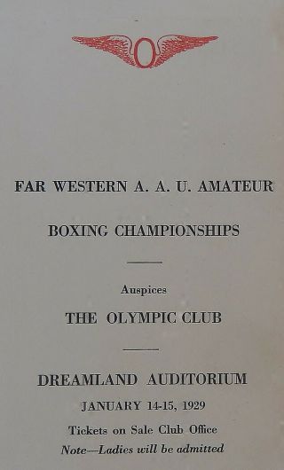 1929 A.  A.  U.  Amateur Boxing Championships Olympic Club San Francisco Dinner Menu 2