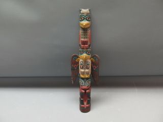 Vintage Red Cedar Carved Totem Pole Raven,  Eagle & Bear C.  1920 - 30 13 " H