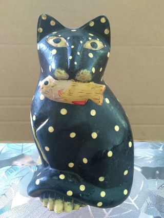 Folk Art Carved Poka A Dot Cat With Fish In Mouth