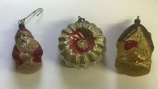 Set Of 3 Old Antique Glass Ornaments Santa,  House,  And Wreath