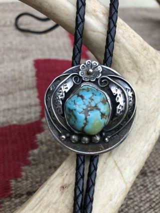 Vintage Navajo Old Pawn Sterling Turquoise Silver Dollar Bolo Signed R Talltree