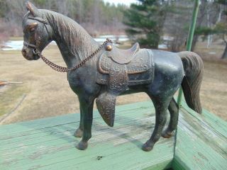 Spelter Horse Statue & Bronze Finish 9 " X7  Western Style Saddle Figure Vtg