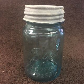 Vtg Ball Perfect Zinc Lid Mason Pint Jar Blue Glass