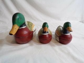 Set Of 3 Vintage Ceramic Mallard Duck Trinket Boxes - Felt Lined