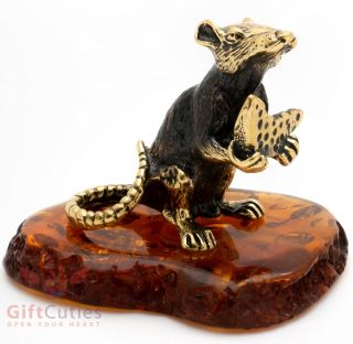 Solid Brass Amber Figurine Of Mouse Rat Holding Swiss Cheese Ironwork