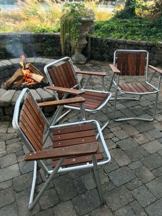3 Vintage Redwood Aluminum Folding Lawn Chairs 2