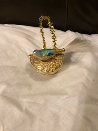 Vintage Christmas Ornament - Mercury Glass Bird On Glass Nest