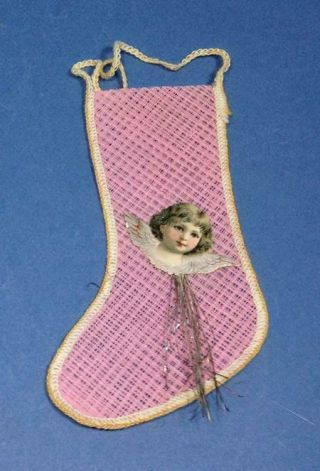 Vintage Bright Pink Net Stocking & Scrap Candy Container Ornament