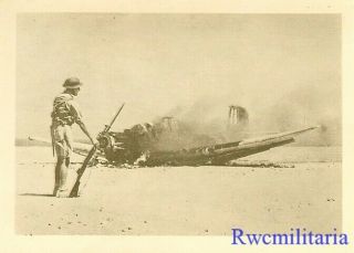 Org.  Photo: British Soldier By Shot Down Luftwaffe Ju - 87 Bomber; North Africa