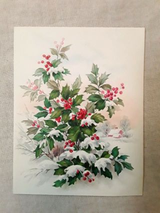 Vintage Mid Century Hallmark Christmas Card Holly Berries Snow