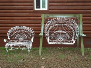 Gorgeous Vintage Wrought Iron Peacock Porch Patio Swing And Bench Victorian