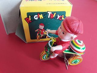 Vintage Chinese Mechanical Tin Toy Boy On Tricycle Ringing Bell Ms013 Wind Up