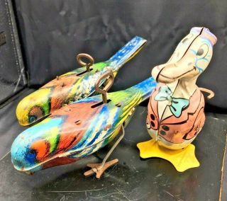 Usa Chein Wind - Up Tin Litho Duck With Bonus Two Wind - Up Birds