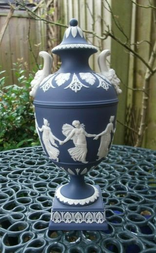Vintage Wedgwood Dark Blue Jasperware Lidded Urn C1976 The Dancing Hours -