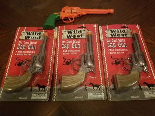 3 Wild West Cap Guns Die Cast Metal & 1 Bonus Cap Gun (no Caps)
