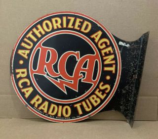 Vintage Rca Radio Tubes Flange Sign Metal Double Sided Authorized Agent Stereo