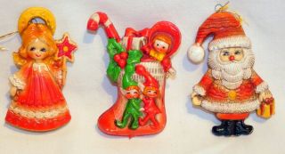 Vintage Christmas Plastic Blow Mold Elf Stocking,  Angel & Santa Ornaments 3 - 5/8 "