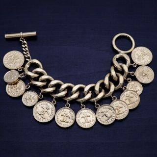 Auth Chanel Vintage Bracelet Coin Charm Coco Mark Gold L:21cm W:2cm Coin:2.  3cm