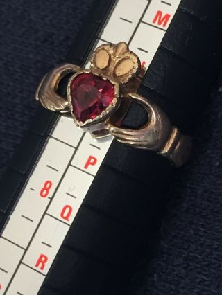 Vintage 9ct 375 Gold Claddagh Ring With Heart Shaped Red Stone Size O