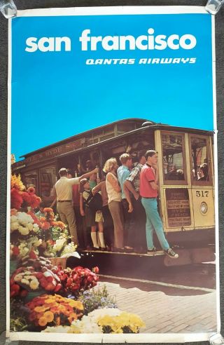 Vintage 1970s Qantas Airplane Travel Poster San Francisco Tram Usa
