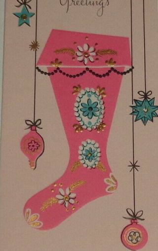 Vintage Christmas Card,  Cute Pink Stocking And Ornaments,  5 3/4 "