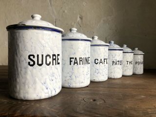 Set Of Six Vintage French Enamel Storage Jars.  Early 20thc.