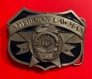 American Lawman Belt Buckle Vtg Star Shield Badge Police Sheriff Public Safety
