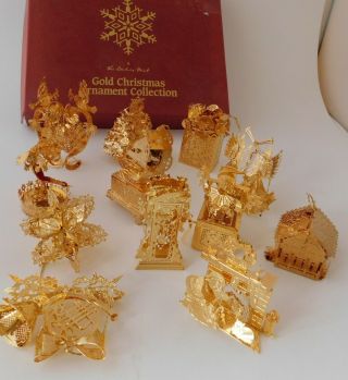 12 Danbury 23k Plated Gold Christmas Ornaments 1997