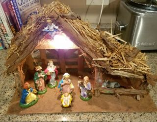 Vintage Nativity Set Stamped Italy Italian Piece Wooden Manger Jesus Christmas