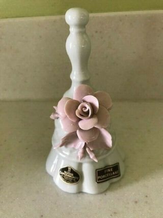 Vintage Nuova Capodimonte Italy Porcelain Bell White With Pink Flower 5 " Tall