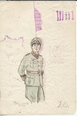 1944 German Watercolor Print Army/luftwaffe Officer