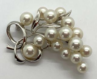 Vintage Signed Mikimoto 14k White Gold Multi Pearl Cluster Brooch
