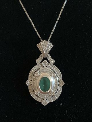 Natural Emerald Diamond 14k White Gold Pendant Ladies Vintage Style