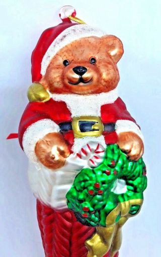 Jumbo Glass Hand - Painted Teddy Bear In Stocking W/ Wreath Christmas Ornament