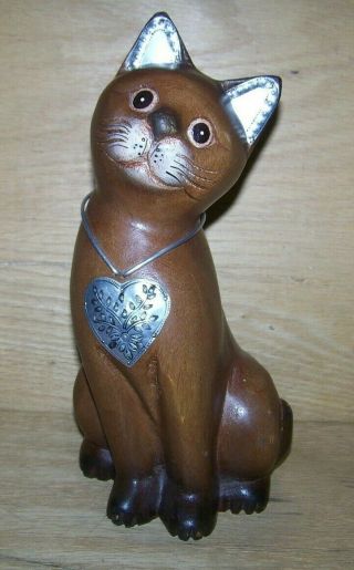 Hand Carved 12 " Solid Wooden Cat Sitting Statue