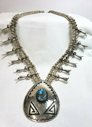Vintage Silver Squash Blossom Necklace With Turquoise Pendant -