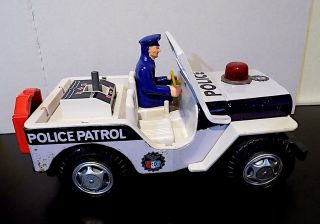 Vintage Tin,  Plastic Battery Operated Police Patrol Jeep Toy,  Nomura Toys Japan