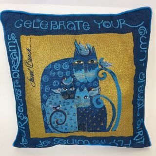 Laurel Burch Indigo Blue Gold Feline Cat Decorative Tapestry Throw Pillow 18x18”