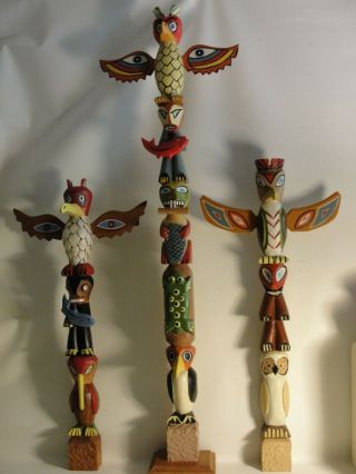 Vintage Hand Carved Totem Pole X 3 32 ",  22 ",  20 "
