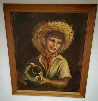 1970s Oil Painting Peasant Boy With A Smile In Vintage Frame