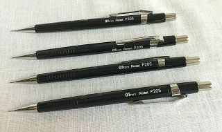 4 Pentel Sharp P205 Mechanical Pencils 0.  5mm Lead Black Barrel