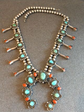 Old Vtg Sterling Silver Turquoise & Coral Squash Blossom Necklace 1965 Signed