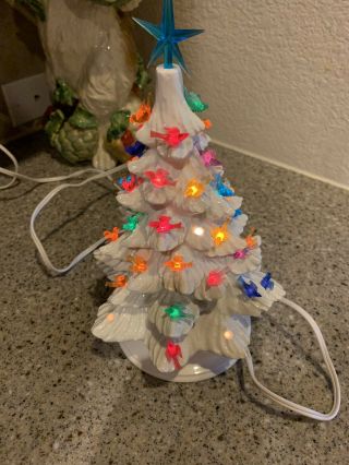 Vintage White Ceramic Christmas Tree Light Up Shiny White Glossy Paint W/ Doves