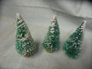 Christmas Trees,  3 Bottle Brush Mica & Snow,  Gold Wood Base 4 " Tall Taiwan Retro