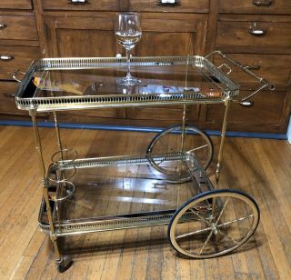 Vintage Brass & Glass Bar Cart Trolley Italian French Mcm Hollywood Regency