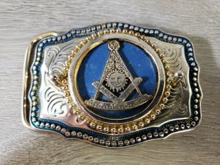 Vintage Masonic Belt Buckle W/ Mason Symbols Vintage Freemason Blue Inlay