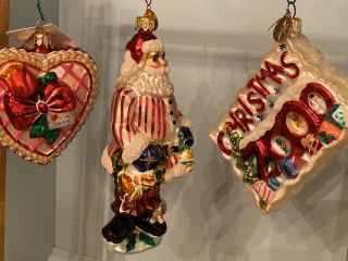 3 Radko Ornaments: Sweet As Candy Valentines Day Heart,  Santa & Post Card