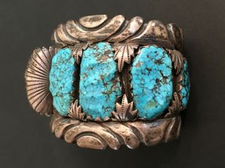 Vtg N.  American Zuni Blue Turquoise Nugget Cuff Bracelet Signed Alice Quam