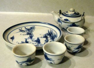 Miniature Porcelain - Glass Blue & White Tea Set Pot Cups Dish Dollhouse Childs
